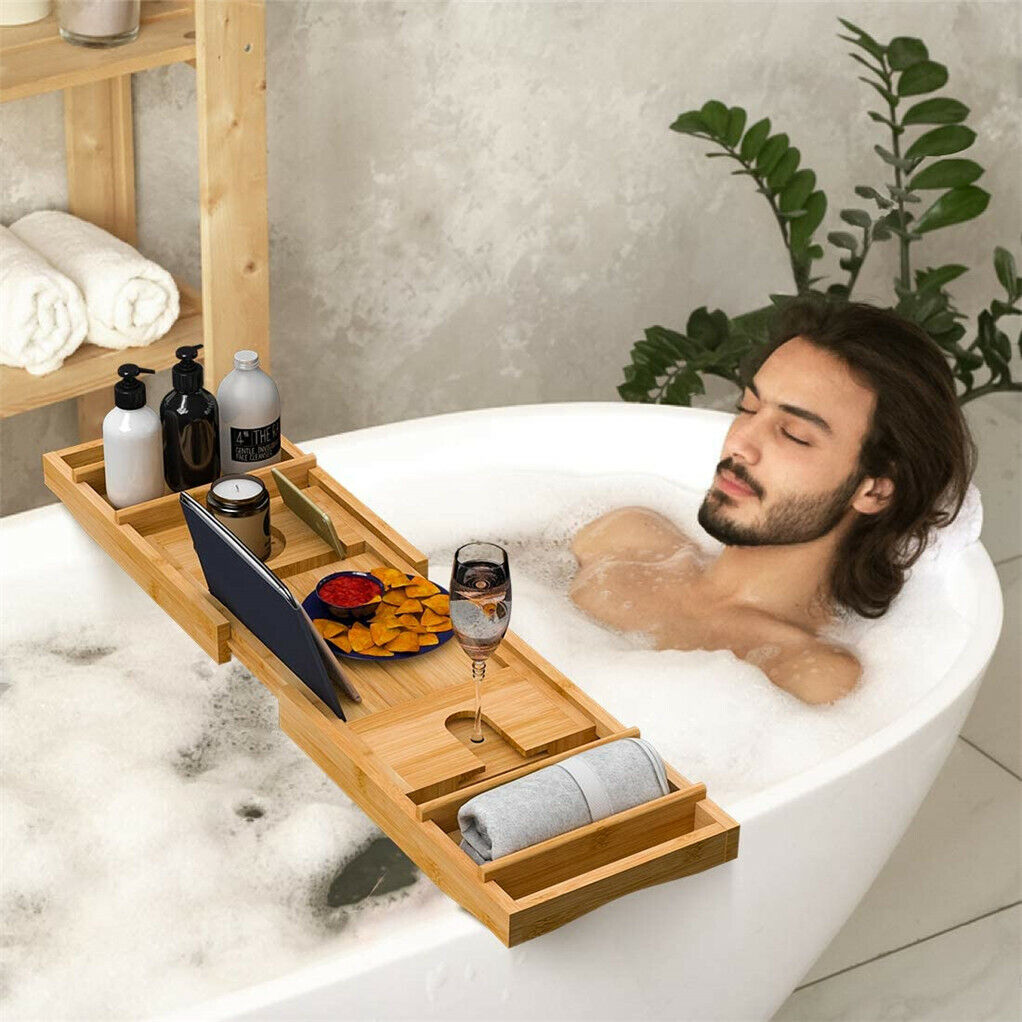 Expandable Bathtub Caddy Tray Bamboo Bath Table Over Tub with Wine & Book Holder