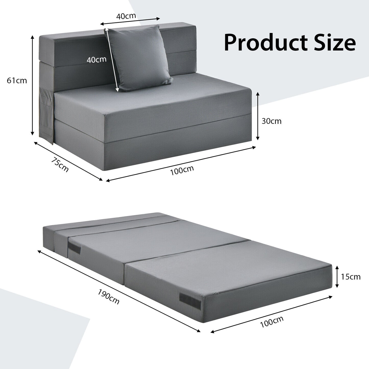 Folding Mattress w/ Pillow 15cm Tri-fold Ergonomic Sofa Bed w/ High-Density Foam