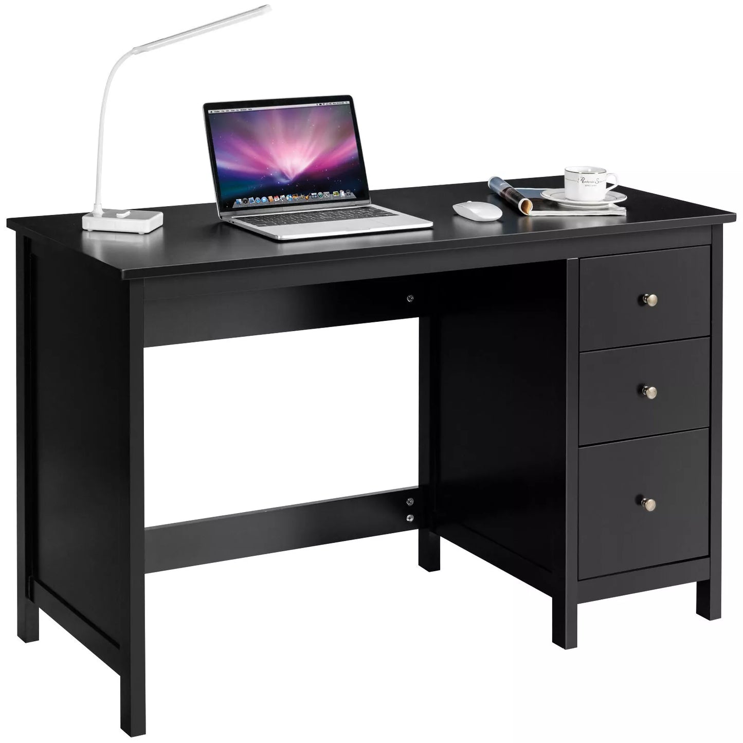 Modern Black Computer Desk with 3 Drawers – Study, Writing, and Home Office Workstation