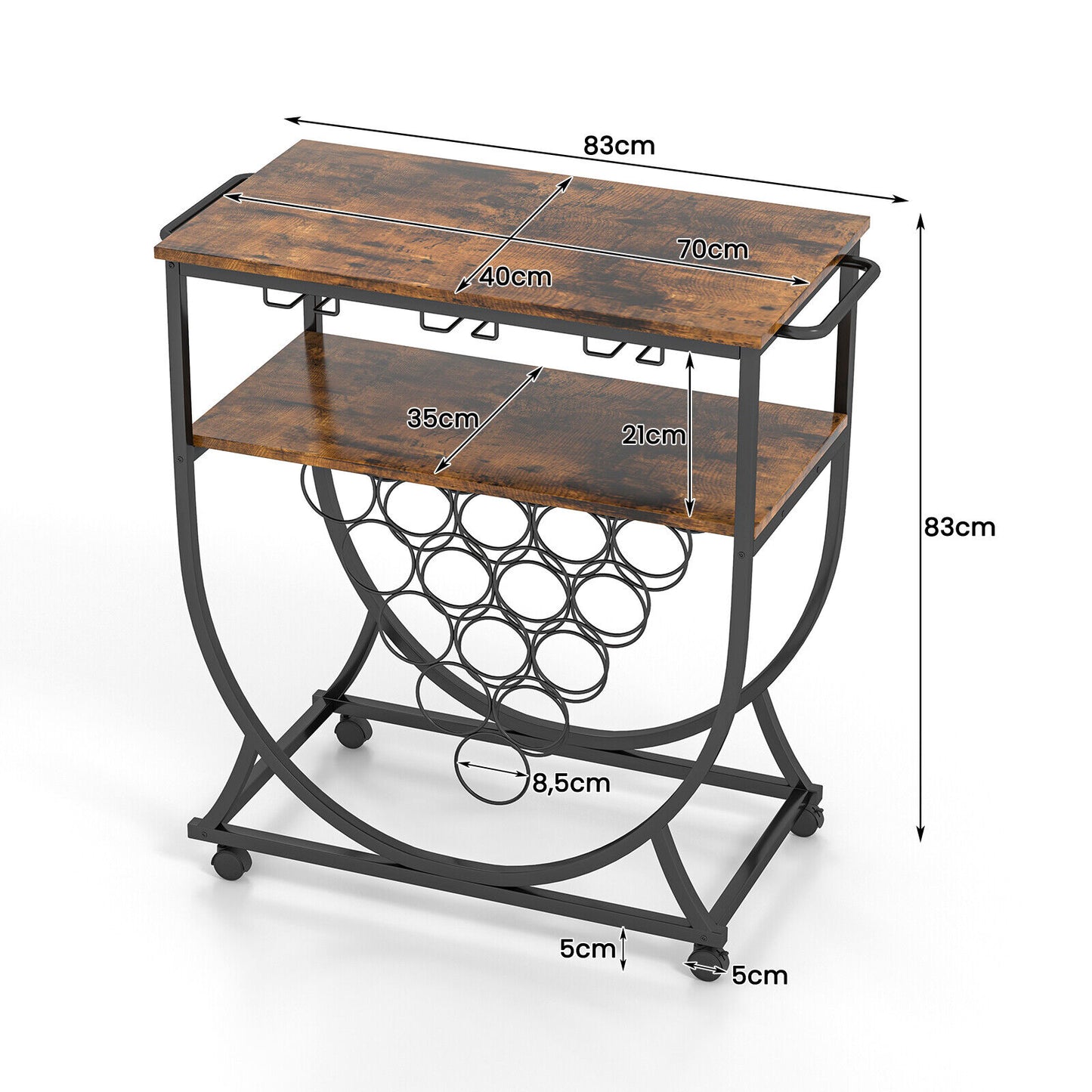 Industrial Rolling Drink Serving Bar Cart for Dining Room Rustic Brown and Black