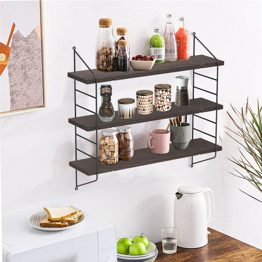 Rustic 3-Tier Wall Mounted Floating Shelves Wall Shelf Book Storage Rack Decor