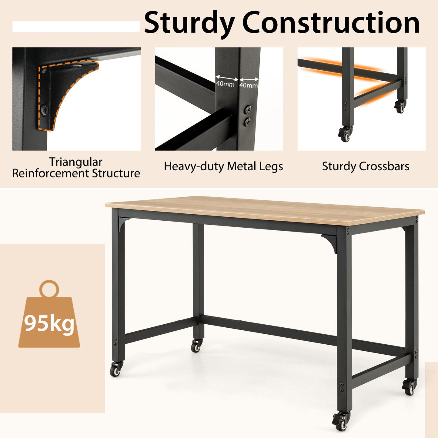 Rolling Computer Desk Metal Frame PC Laptop Table WoodStudy Workstation