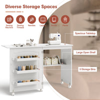 White Folding Sewing Craft Table Shelves Storage Cabinet Home Furniture W/Wheels