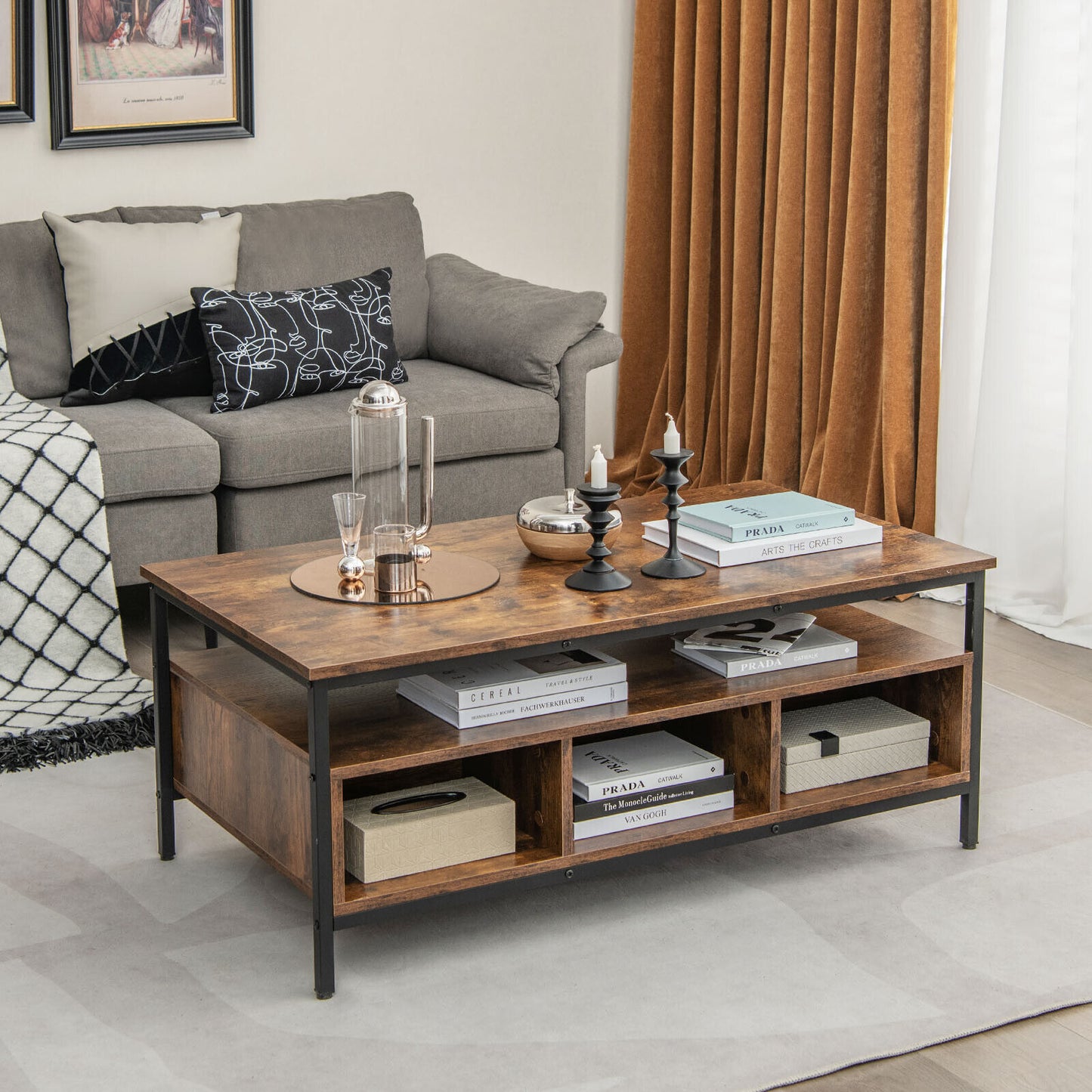 Industrial Coffee Table W/Open Storage Metal Frame Center Table for Living Room