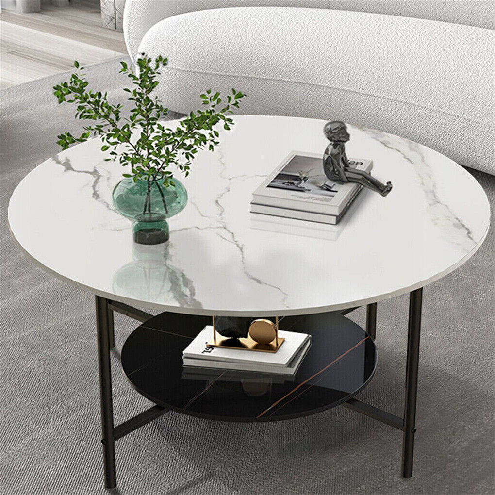 2 Tier Glossy Marble Coffee Table Elegant Accent Side Table LivingRoom Furniture