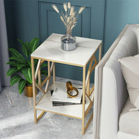 White Marble Gold Side Table Living Room End Accent Table Nightstand with Shelf