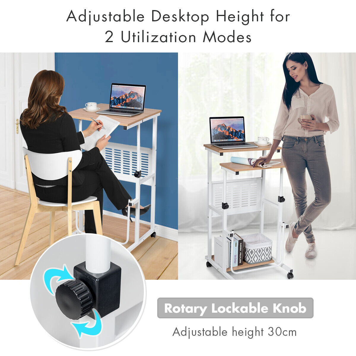 Mobile Desk Height Adjustable Computer Standing w/wheels &Footrest