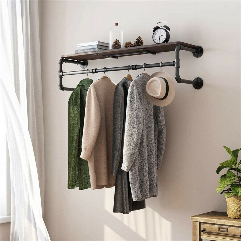 Upgraded Heavy Duty Pipe Clothes Rack Iron Garment Hanging Bar with Top Shelf