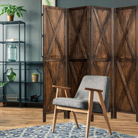 4 Panels Folding Wooden Room Divider W/ X-shaped Design 5.6 Ft Tall Brown