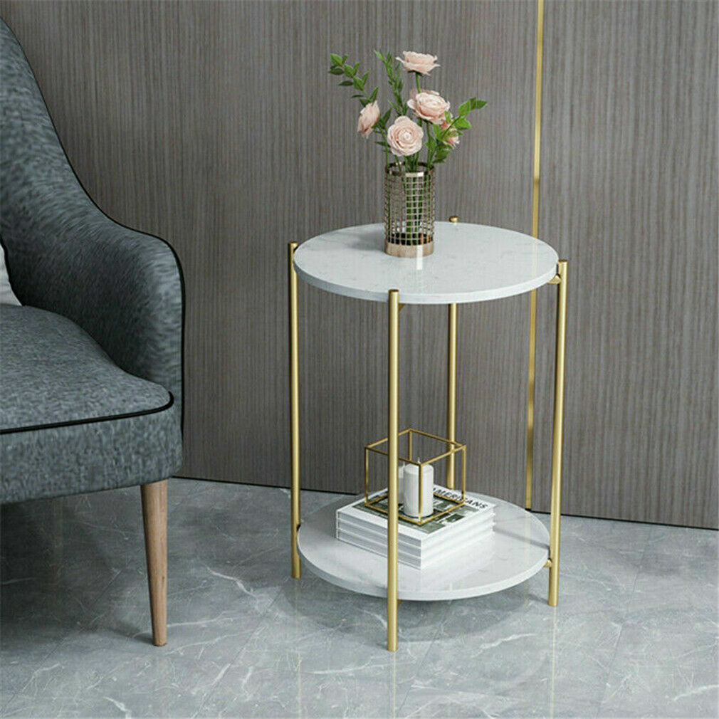 Real Marble Sofa Side Coffee Table Double Tiers Round Nesting Table Gold Frame