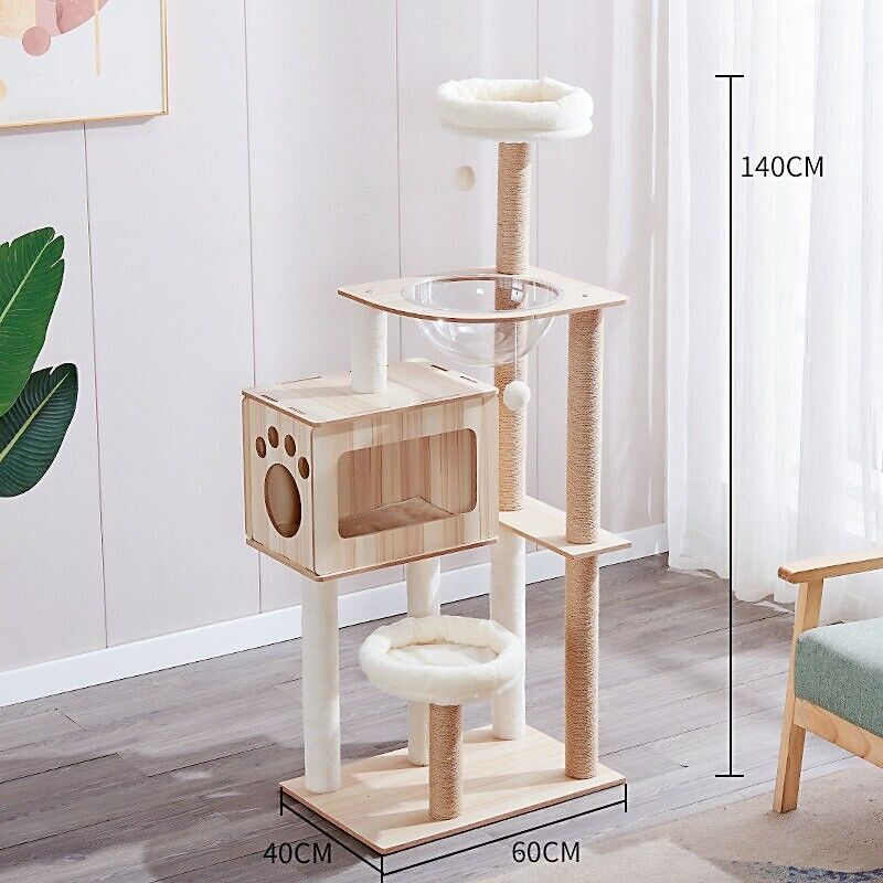 140cm Wooden Cat Tree Tower Scratching Post Scratcher Cats Condo House Bed