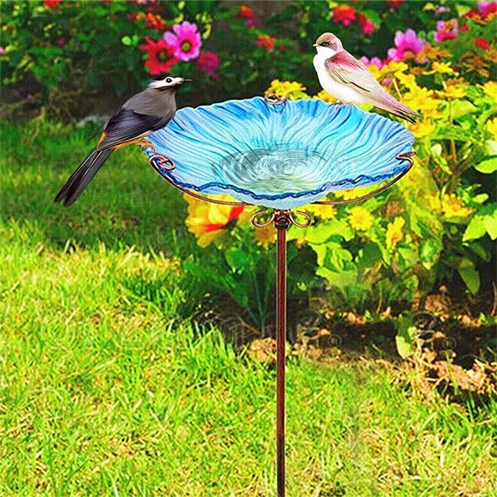 Outdoor Glass Bird Bath on Stake Garden Ornament Metal Wild Birds Feeder Bowl