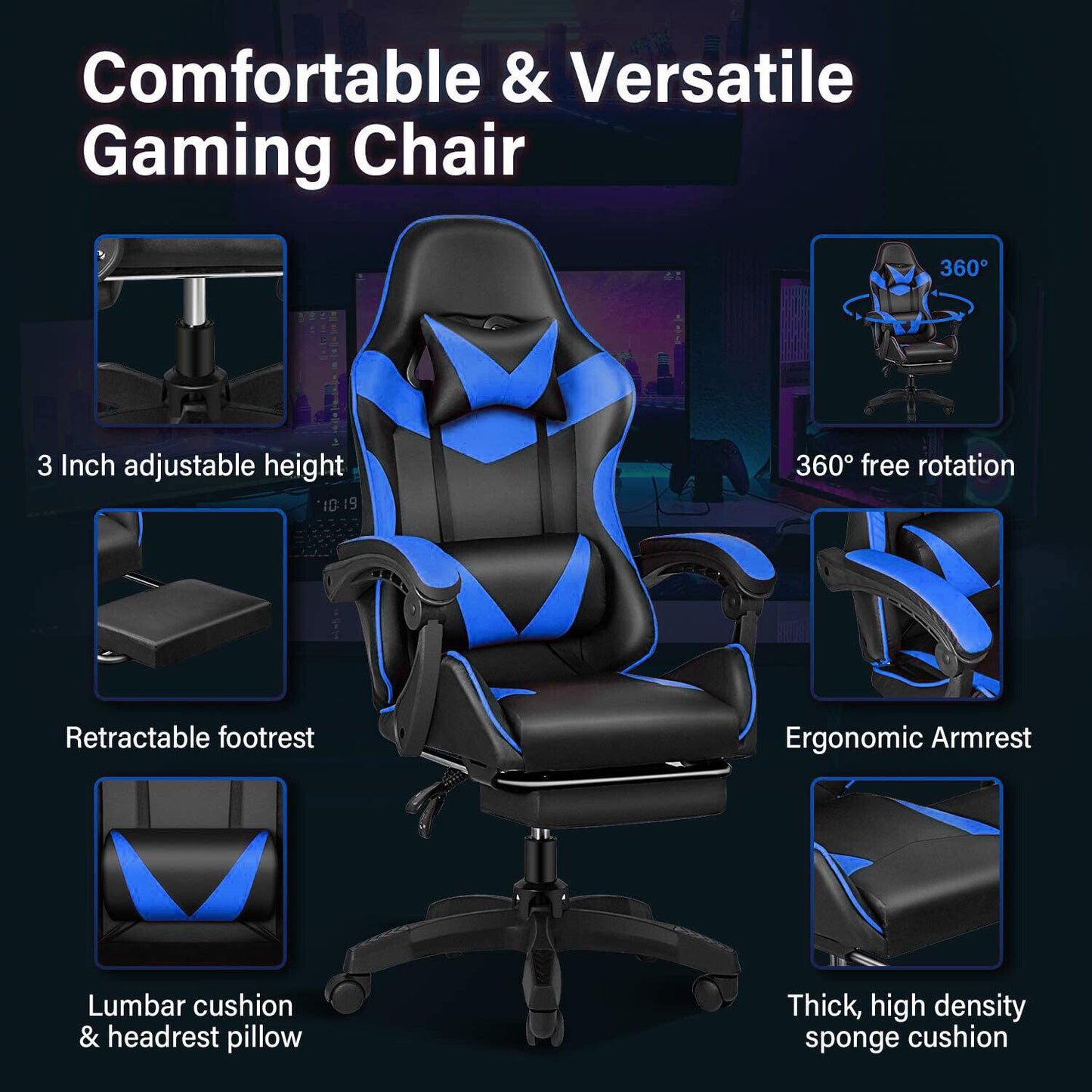 QF Gaming Chair Office Seating Racing Computer PU Leather Executive Racer Footre