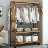 165cm Mildrew-proof Bamboo Clothes Shelves Stand On Wheels Coat Shoes Bags Rack