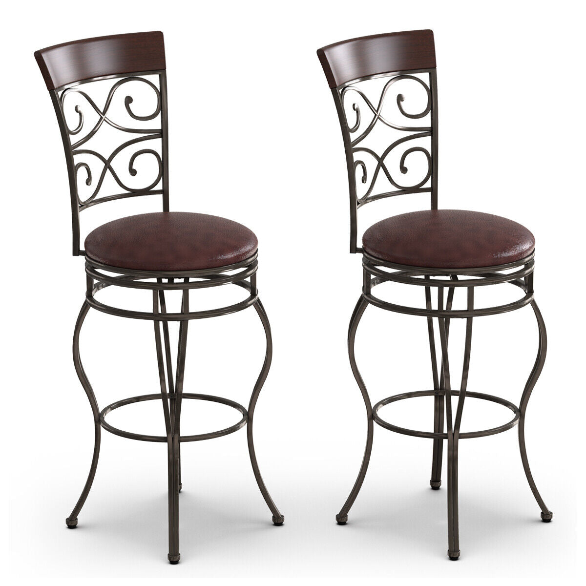 Set of 2 Vintage Bar Stools Swivel Padded Seat Bistro Dining Kitchen Pub Chair