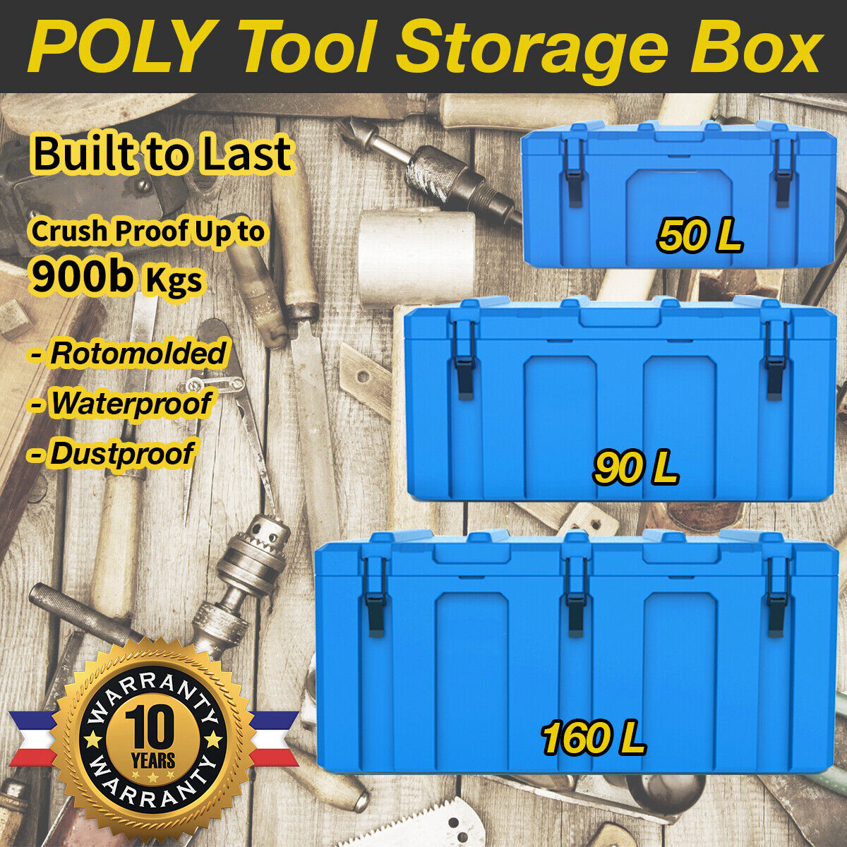 Poly Tool Box Storage 50+90L Case Heavy Duty Waterproof Cargo Box Set Dark Grey