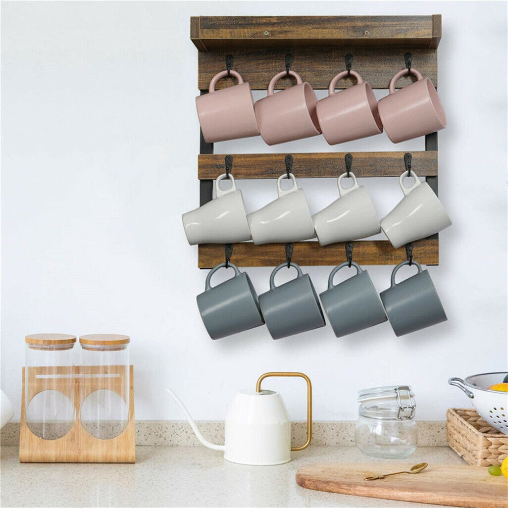 Tea Coffee Mug Rack Storage Holder Cup Hanger Wood Wall Mounted Teacup Organizer