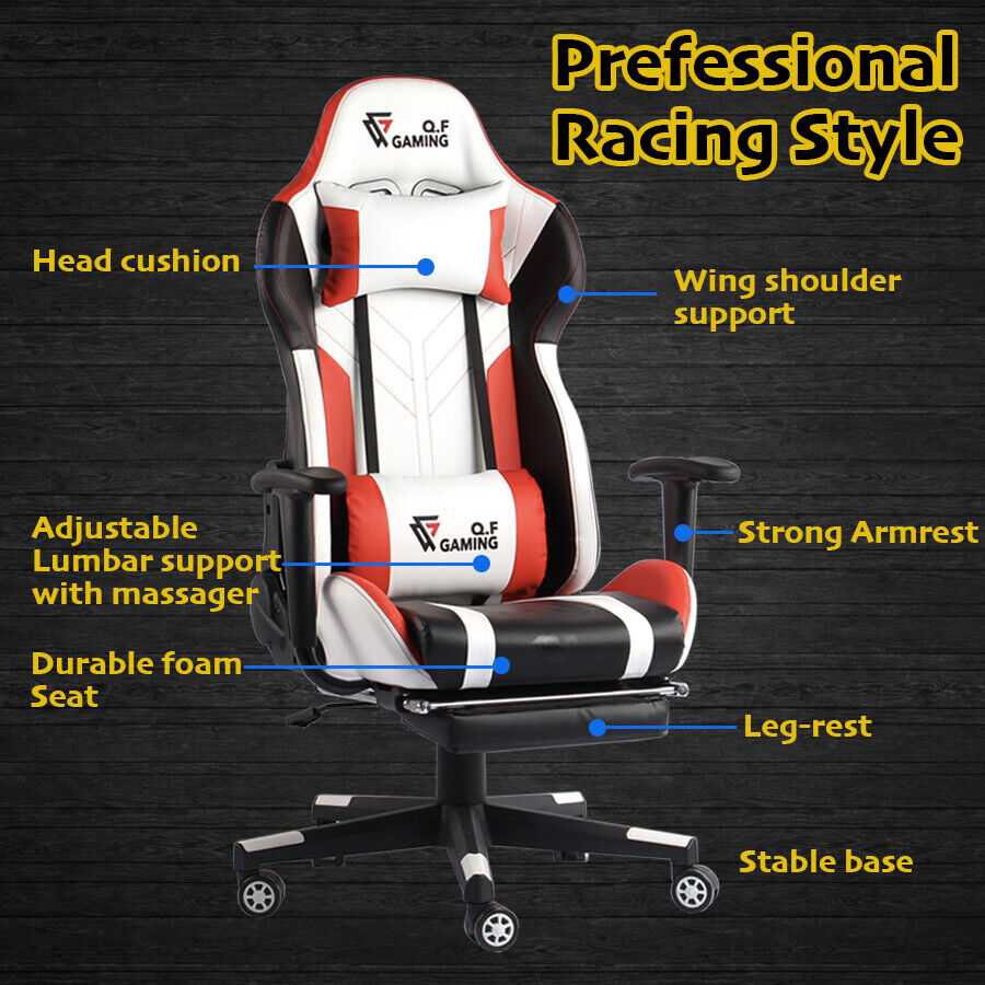 QF Gaming Chair Office Seat Premium Racing Computer Footrest PU Leather Executiv