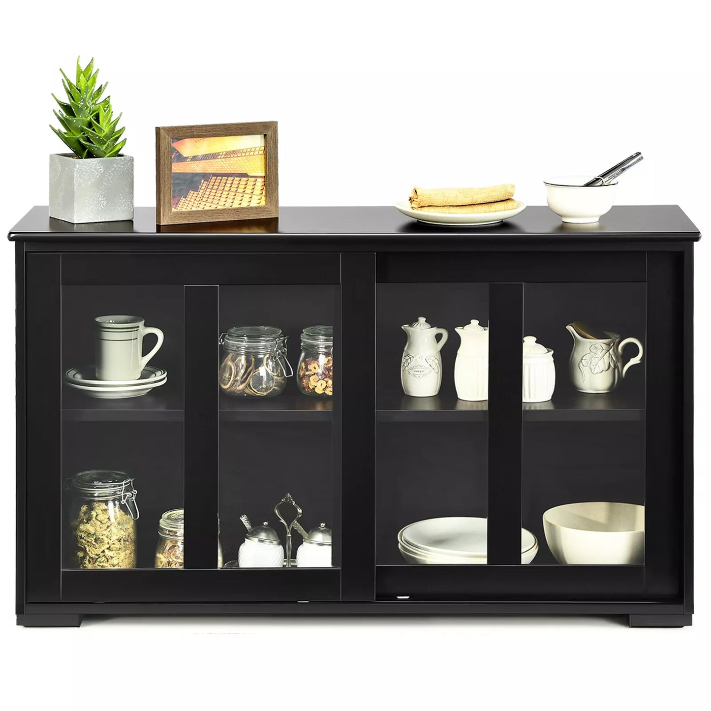 Black Kitchen Buffet Cabinet – Sideboard with Storage Shelves and Doors