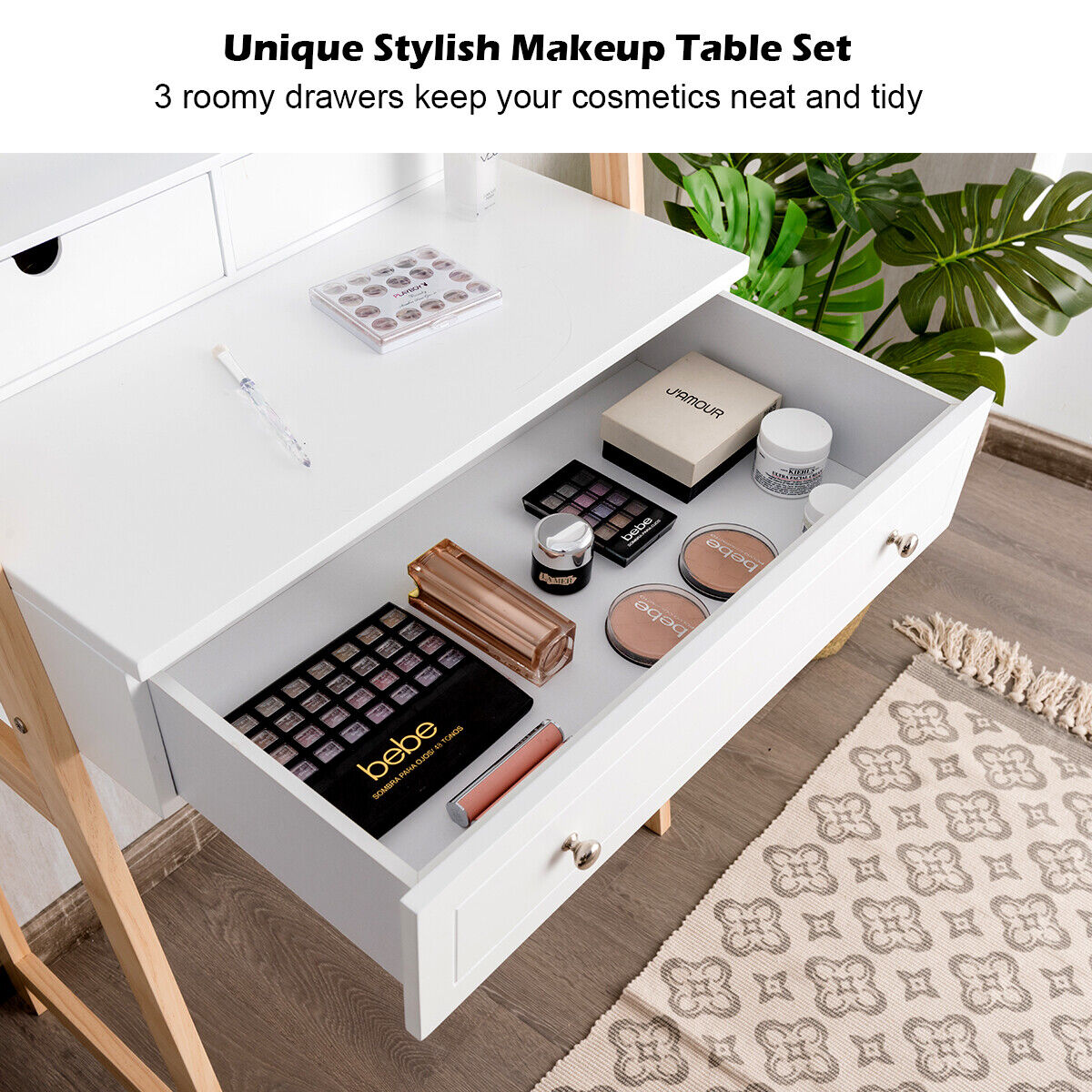 Makeup Vanity Table w/ 3 Drawers & Mirror Cushioned Stool CosmeticSet