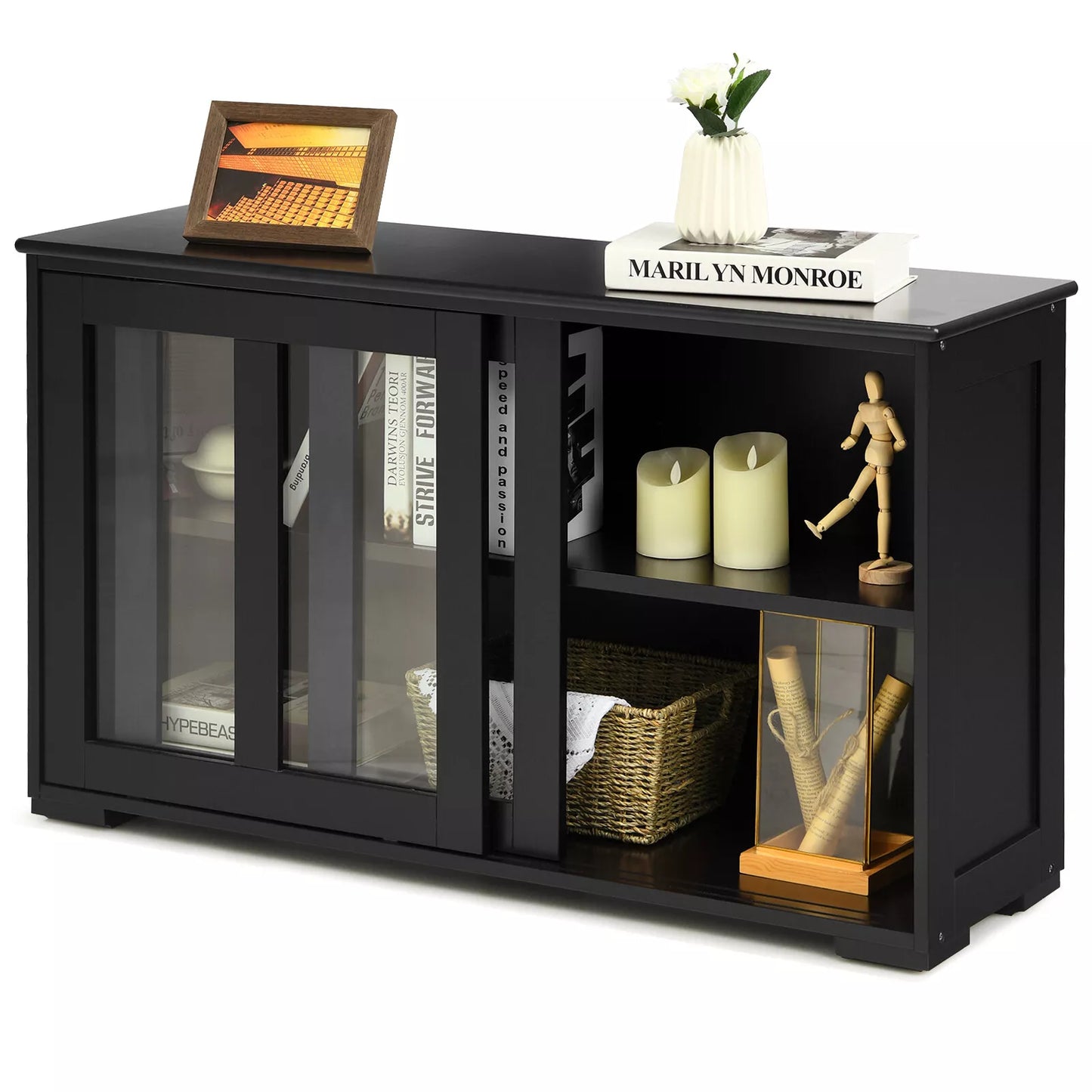 Black Kitchen Buffet Cabinet – Sideboard with Storage Shelves and Doors