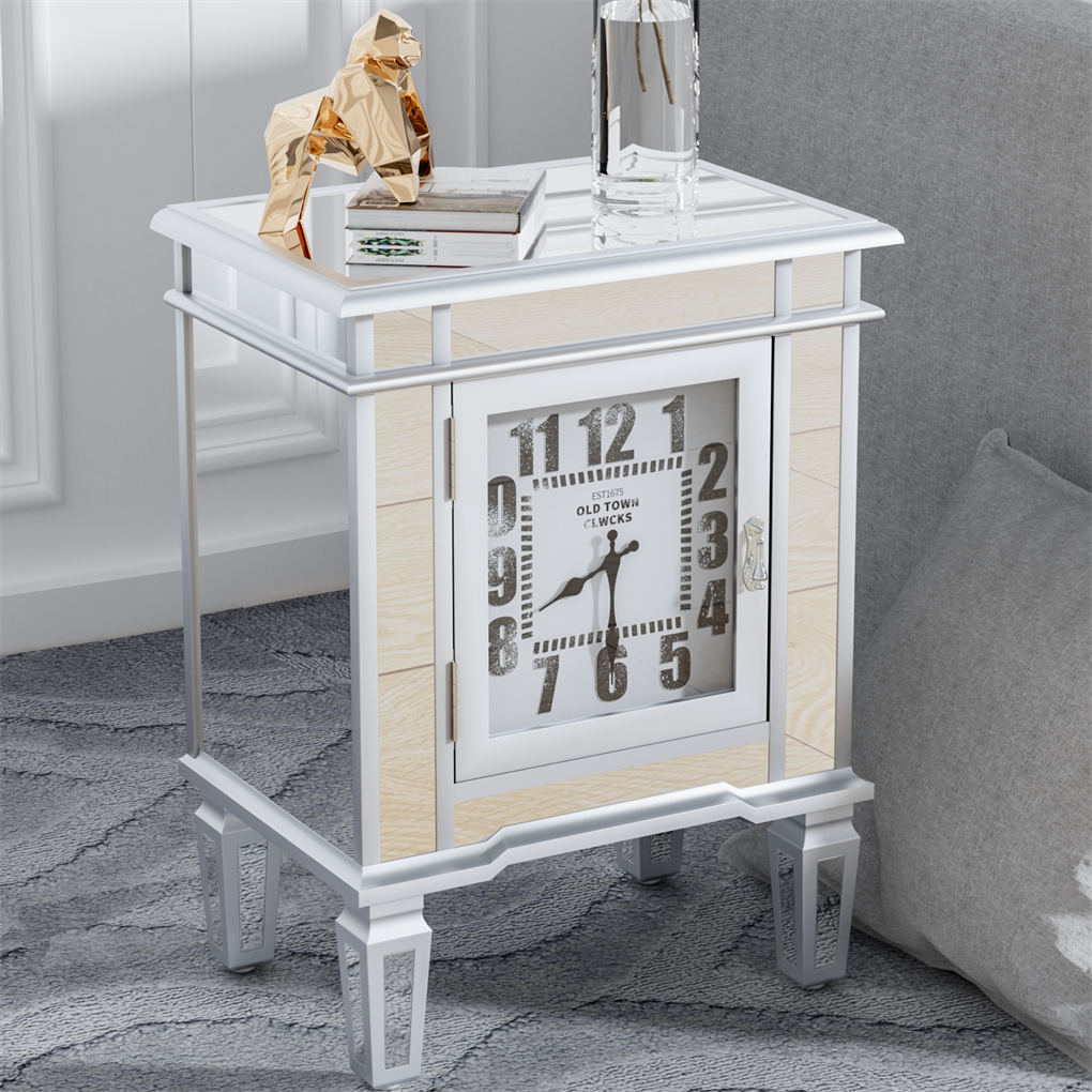 Luxury Clock Mirrored End Side Table Accent Bedside Table