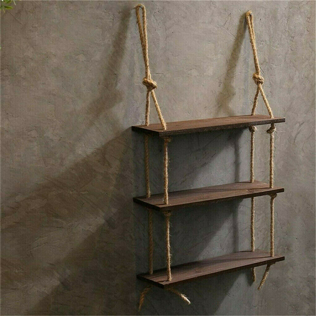 Rustic Solid Wood Rope Hanging Wall Mount Country Classic Storage Floating Shelf