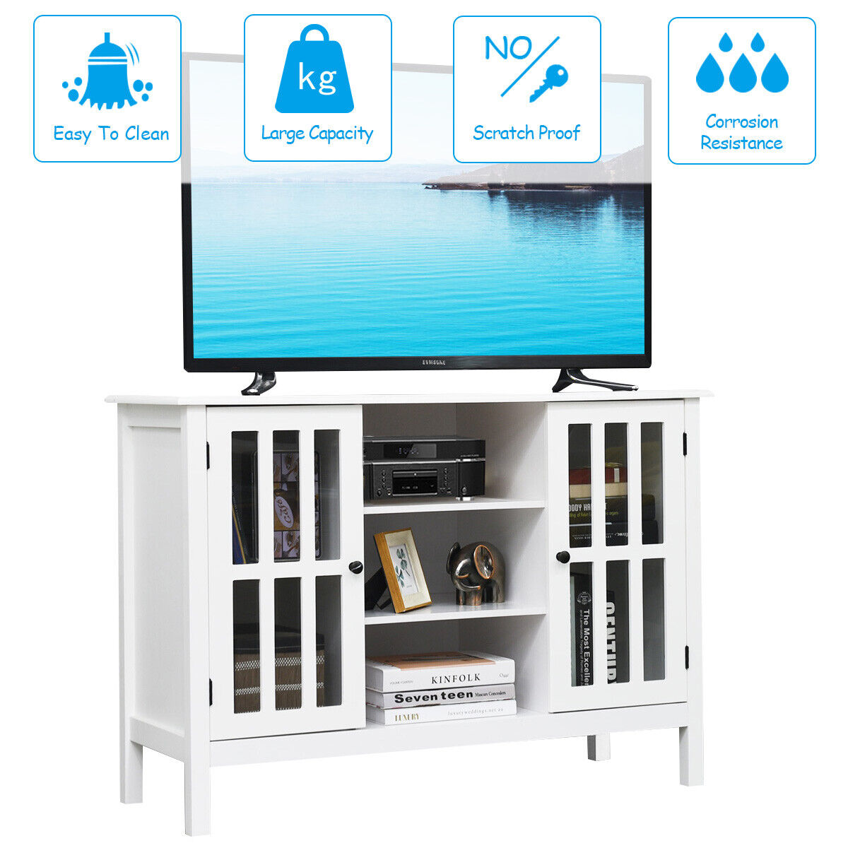 Wood TV Stand Entertainment Media Center Console for TV up to 50" White