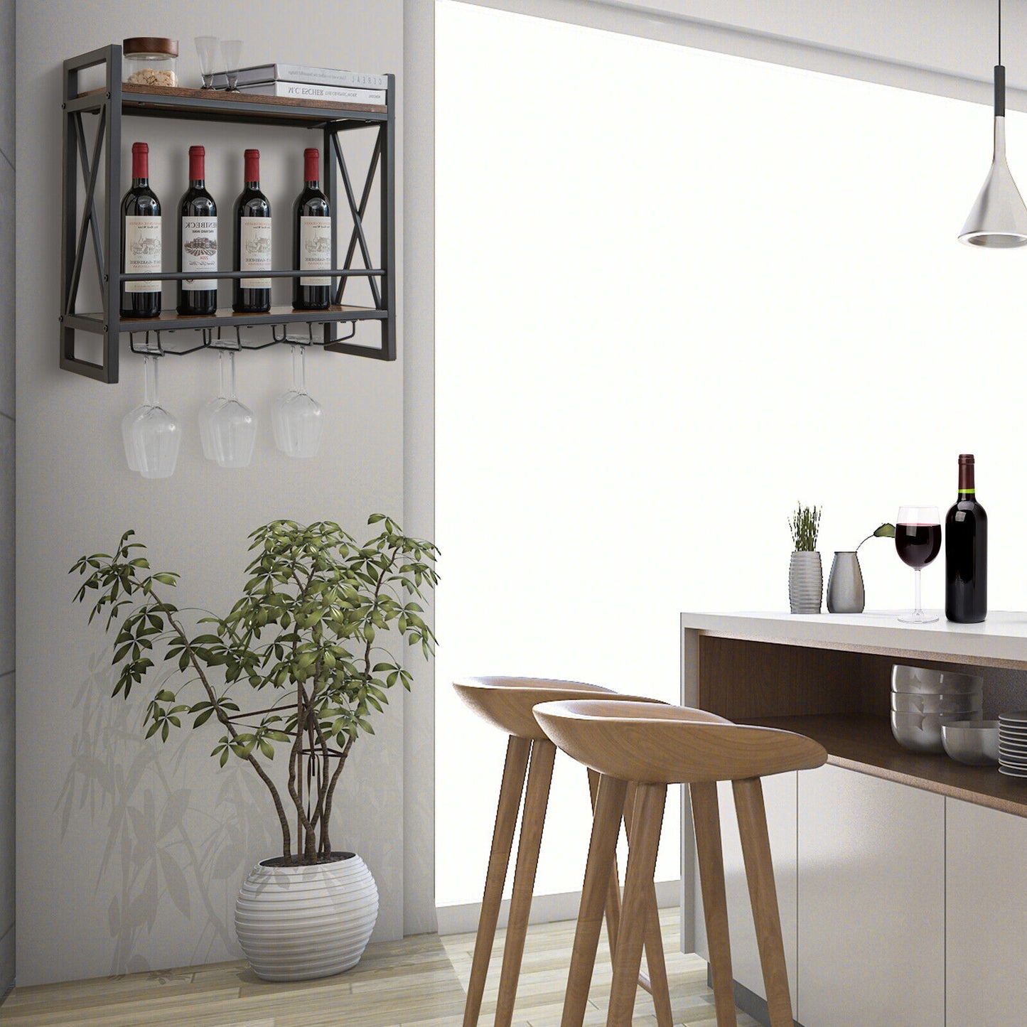 Rustic brown wall Mounted 2-Tier Wine Shelf