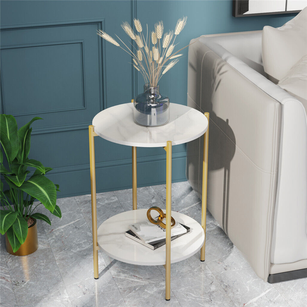 Gold Round Side End Table Bedside Small Coffee Table with Marble Top&Gold Frame