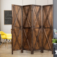 4 Panels Folding Wooden Room Divider W/ X-shaped Design 5.6 Ft Tall Brown