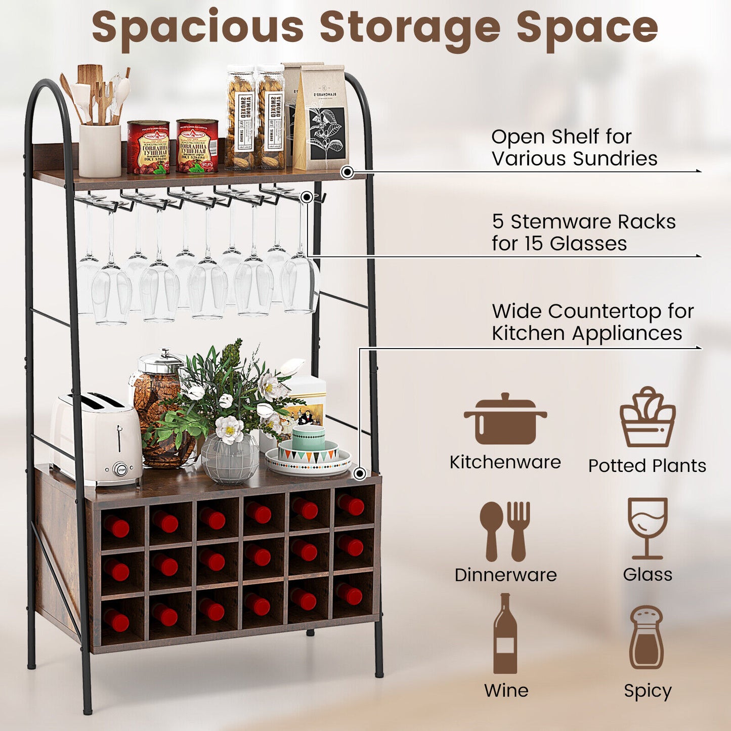 Kitchen Bar Cabinet Baker's Rack with Detachable Wine Rack & Storage Shelves