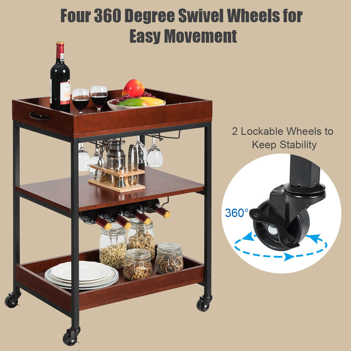 Kitchen Serving Cart Utility Trolley Cart 3-Tier Shelf w/ Glass Holder