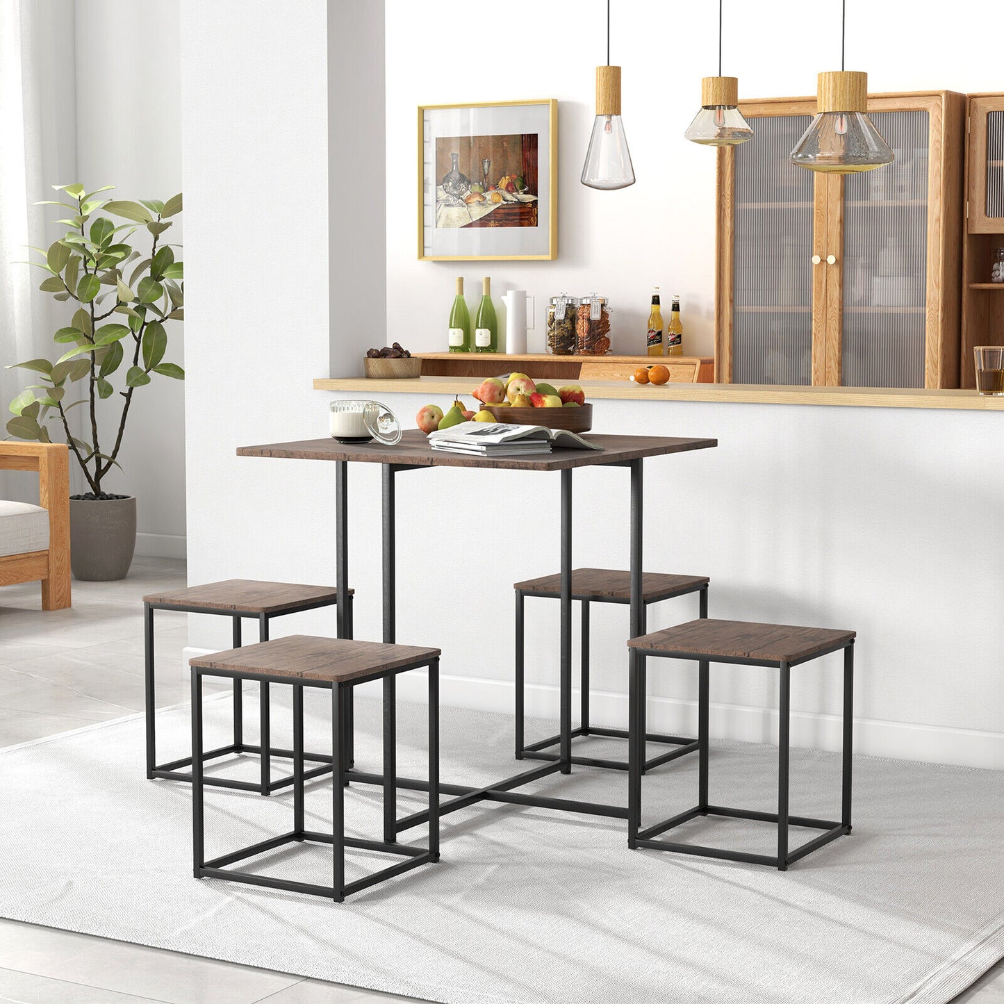 5-Piece Dining Table Set Square Kitchen Table Set W/ Stools for Small Spaces