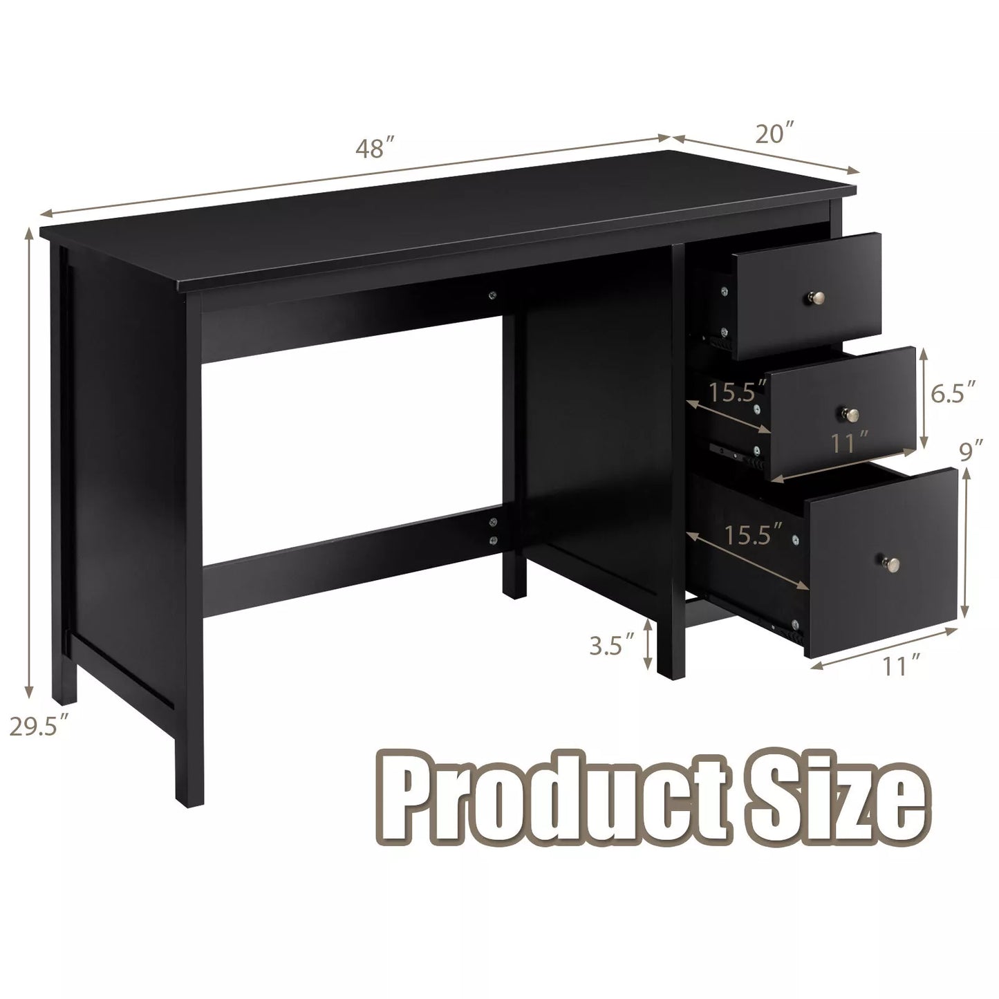 Modern Black Computer Desk with 3 Drawers – Study, Writing, and Home Office Workstation