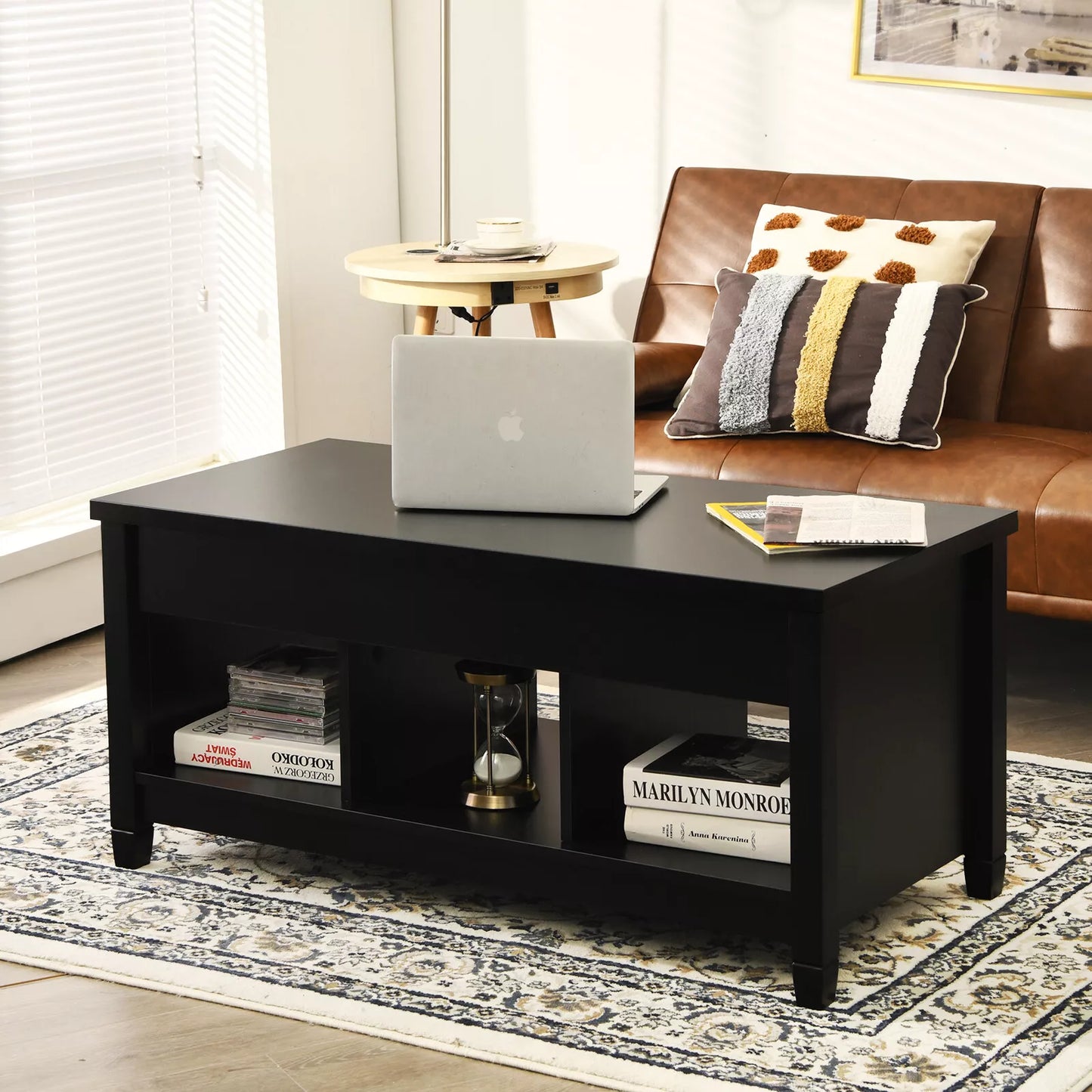 Modern Lift-Top Coffee Table with Hidden Storage & Open Shelves – Stylish & Functional Centerpiece