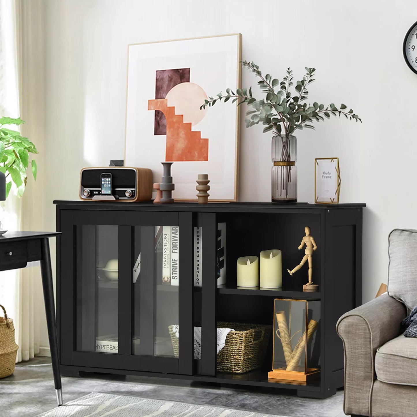 Black Kitchen Buffet Cabinet – Sideboard with Storage Shelves and Doors