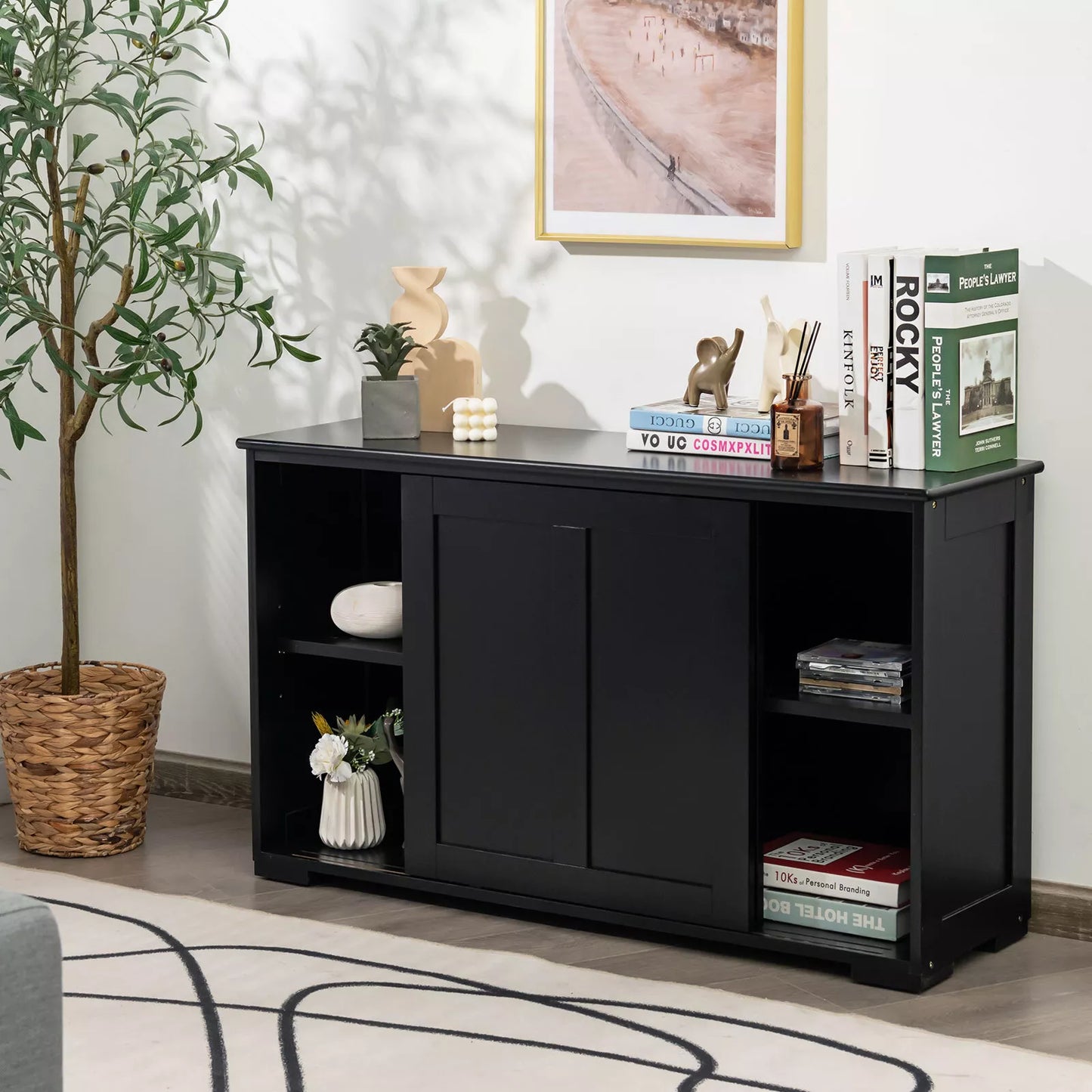 Modern Black Buffet Sideboard – Kitchen Storage Cabinet with Sliding Doors