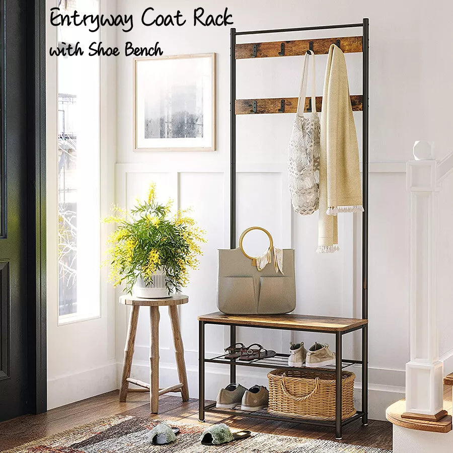 3-in-1 Entryway Coat Rack with Shoe Bench and Hall Tree Organizer