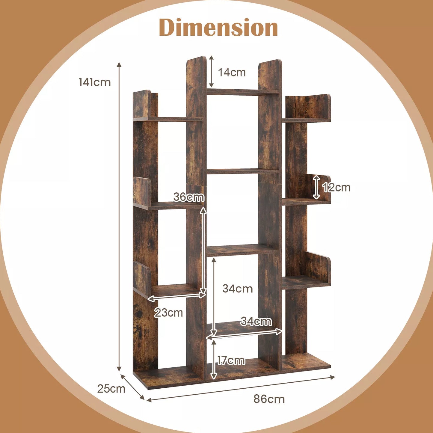 Tall Tree-Shaped Bookshelf with Open Shelves and Corner Storage Organizer