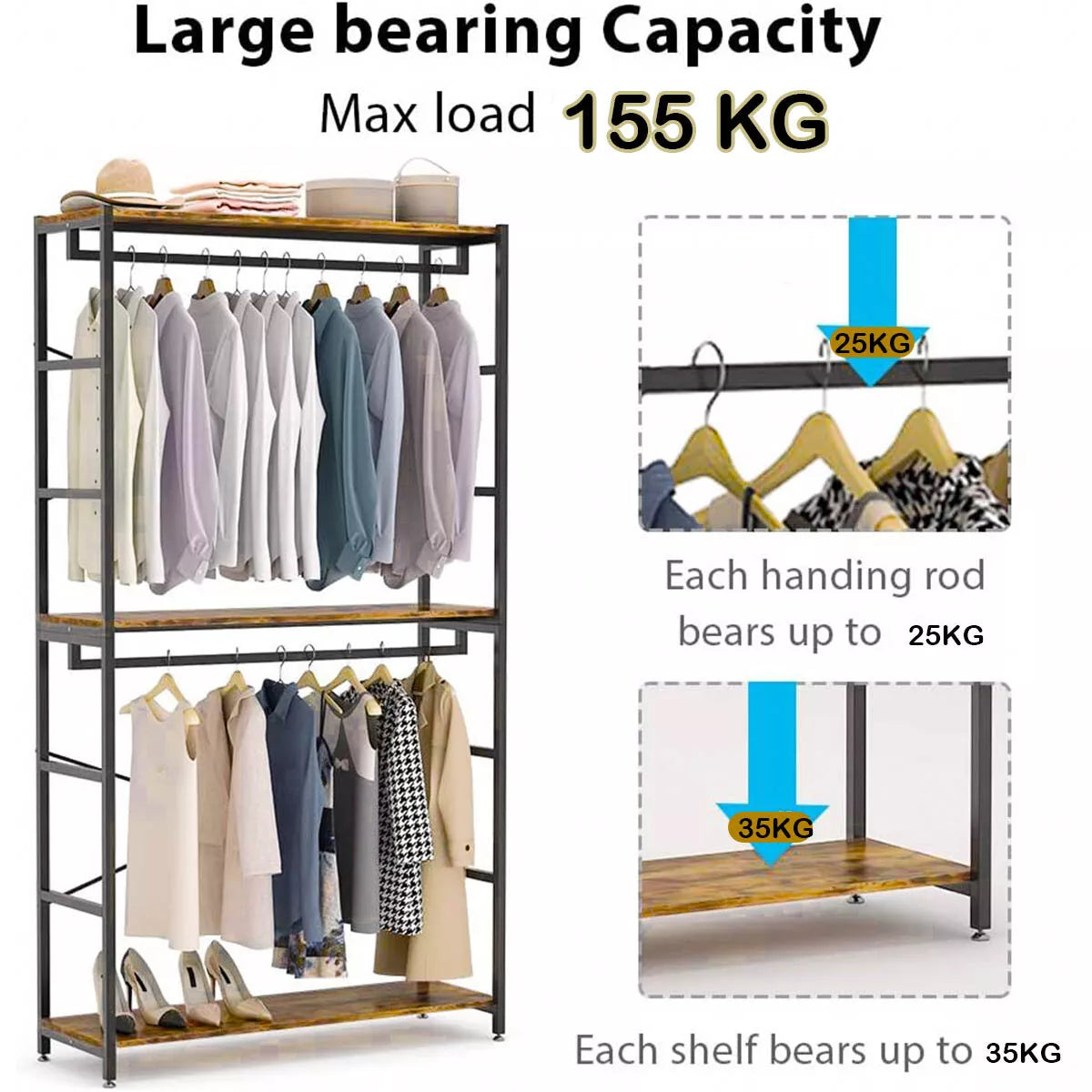 Freestanding Double Rod Closet Organizer – 3-Tier Shelves Garment Rack for Clothes Storage