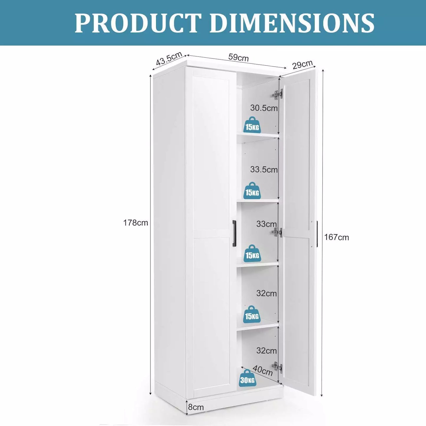 178cm Freestanding Storage Cabinet with 2 Doors and 5 Adjustable Shelves