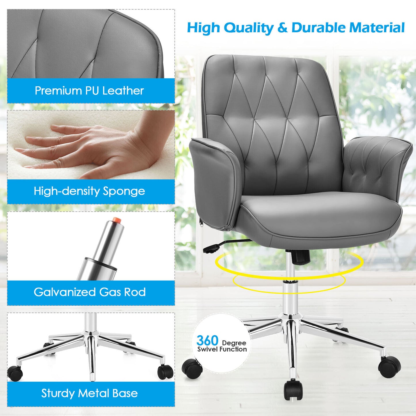 Office Chair Height Adjustable Swivel Executive Computer Seat PU Leather