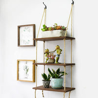 3Tier Distressed Wood Swing Storage Shelve Jute Rope Wall Hanging Organizer Rack