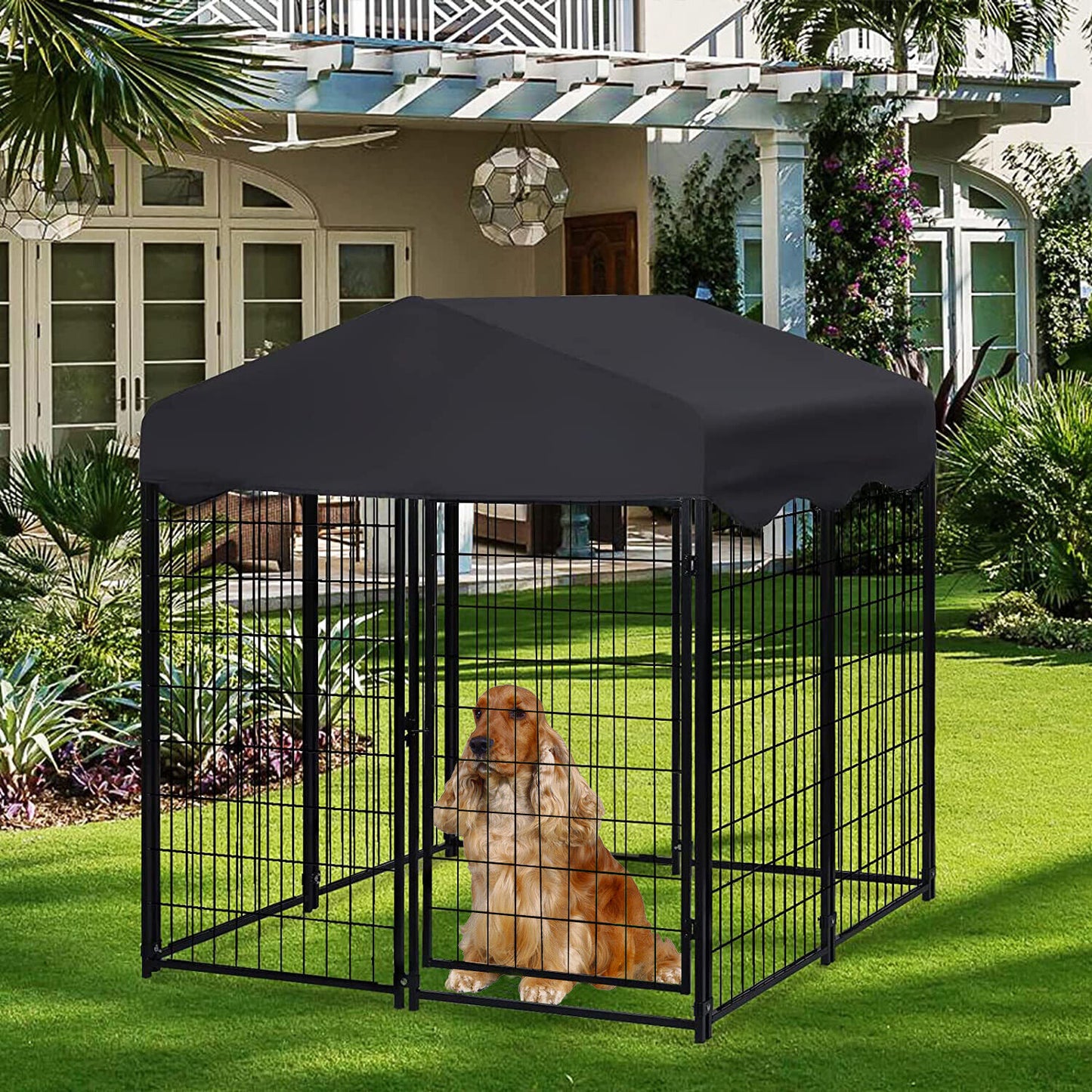 Lockable Dog House Kennel Pet Playpen with Water-Resistant Roof for Medium Dog