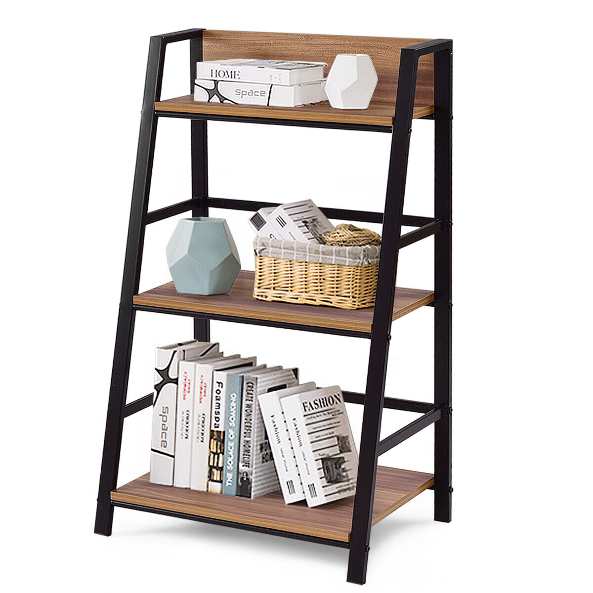 3 Tier Ladder Storage Book Shelf Wall Bookcase Bundle Modern Floor Decor