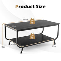 Coffee Table Faux Mable Tabletop 2-Tier Storage Shelf Modern Black