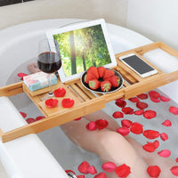 Expandable Bamboo Bath Caddy Book iPhone Wineglass Holder Over Bathtub Rack