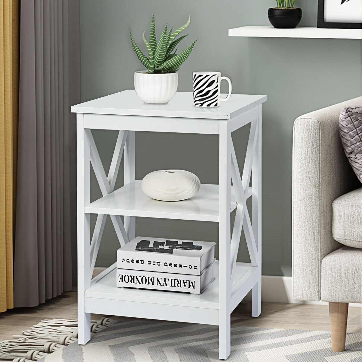 3-Tier Nightstand Side Table X-Design End Table Storage Stand Bedroom