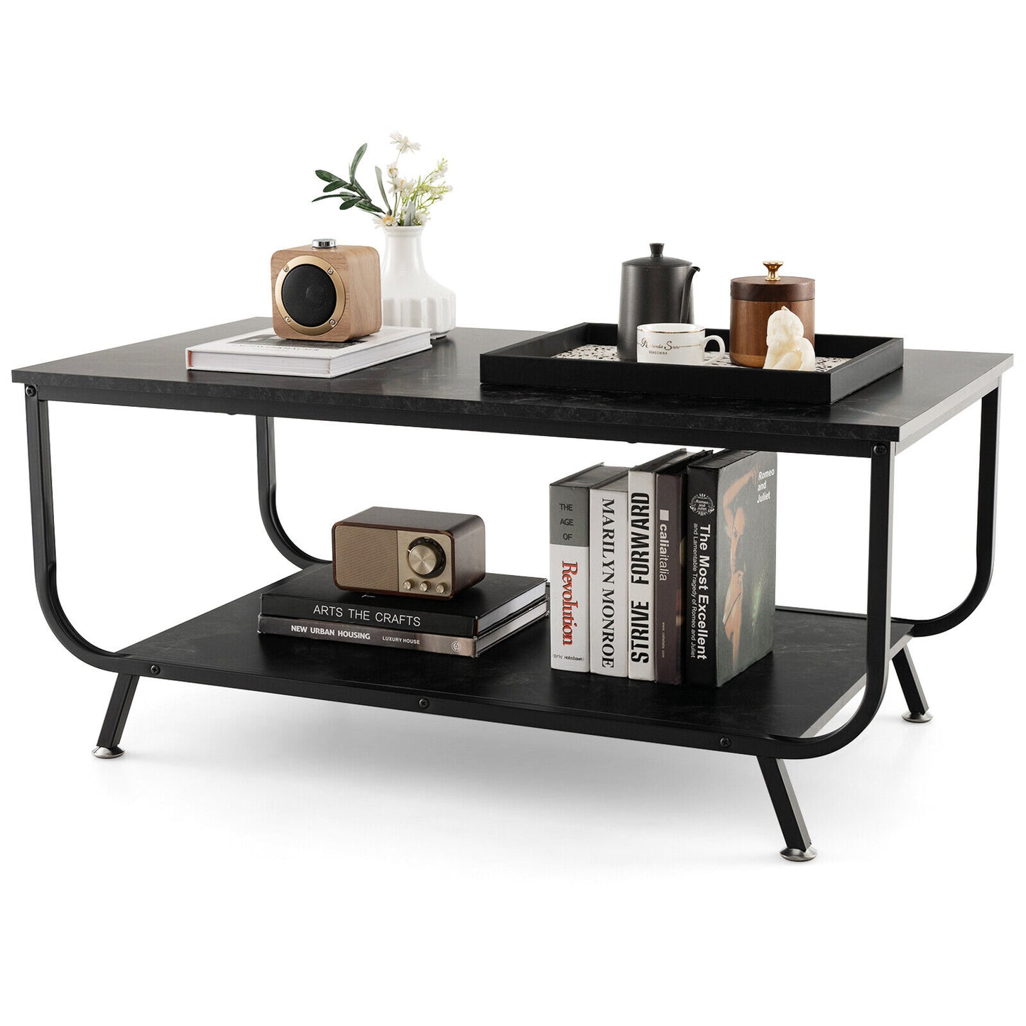 Coffee Table Faux Mable Tabletop 2-Tier Storage Shelf Modern Black